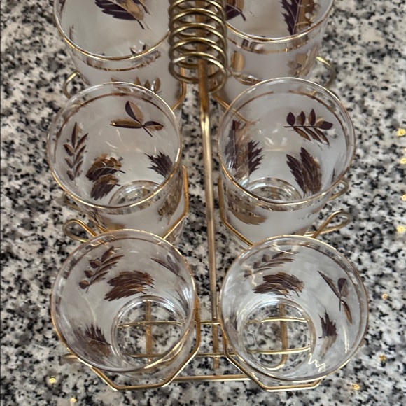 Libbey Gold Leaf 8 Glass Set with Holder Vintage - Picture 3 of 13